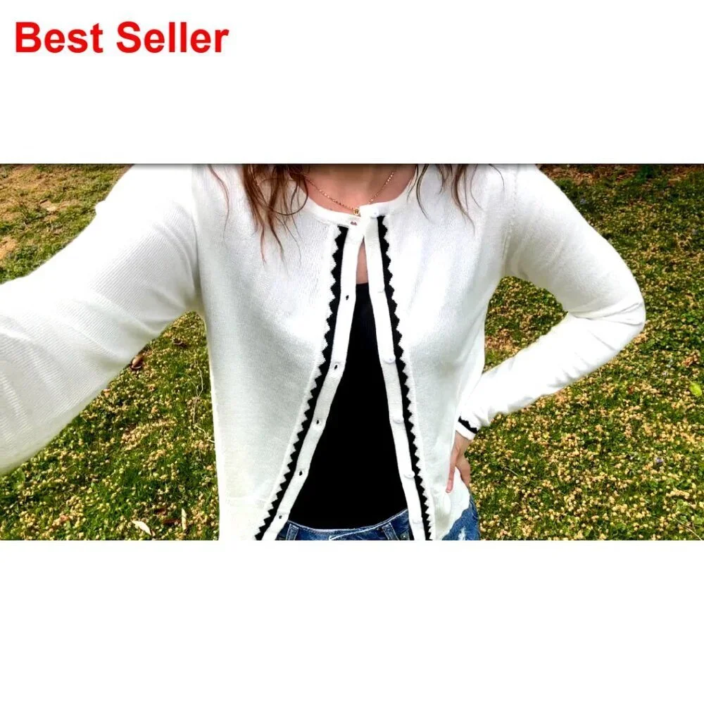 Cropped Cardigan Sweater Long Sleeve Crew Neck Knit Stretchy Button Up